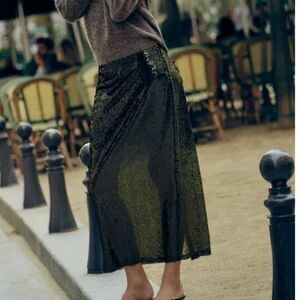 Zara Womens Midi Skirt Size L Green Sequin High Waist Cocktail 2157/248 NWT
